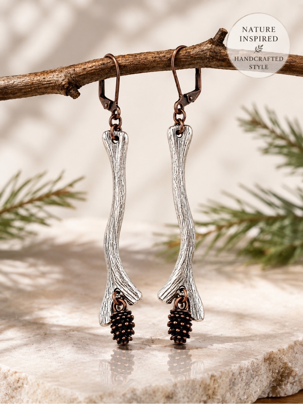 Woodland Pinecone Branch Earrings Rustic Boho Nature Dangles